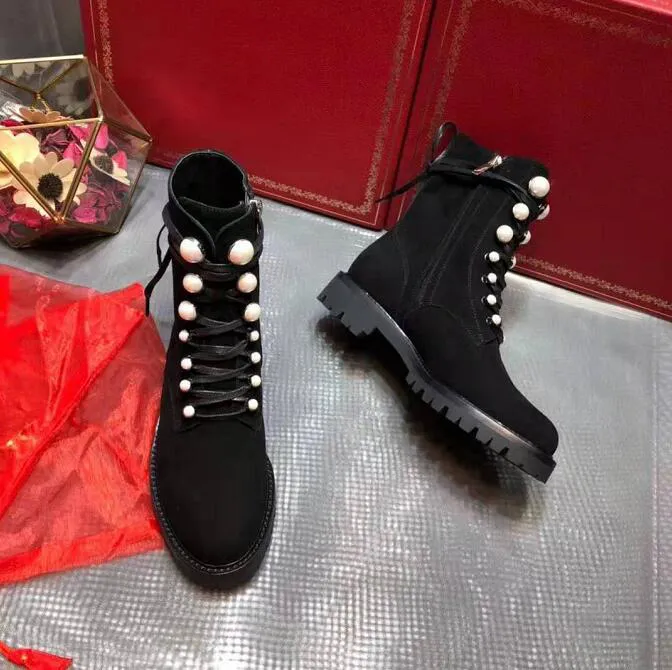 Woman Rene Caovilla Pearl Embellished Lace Up Boots Black Genuine Leather Suede Luxury Fashion Show Catwalk Rene Ankle Boots Shoes