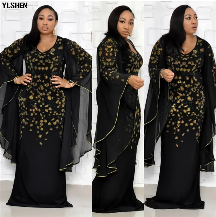 African Dresses for Women Dashiki Bazin Broder Floor-Length Black Spandex  Dress with Gold Sequin Embroidery from Dhgate Ethnic Clothing - price 51.96