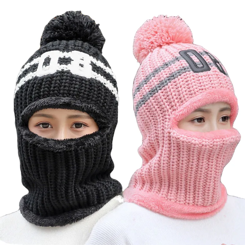 Winter Velvet Hats Women Thick Riding Wool Beanies Hat Female Cute Earmuffs Warm Cap With Bib Knitted Windproof Hats