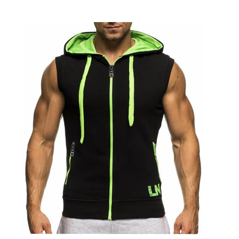 Hoodie męska moda kapturem kamizelka bez rękawów kurtka Kontrast z kapturem zip męska fitness kamizelka kulturystyka kurtka kurtka