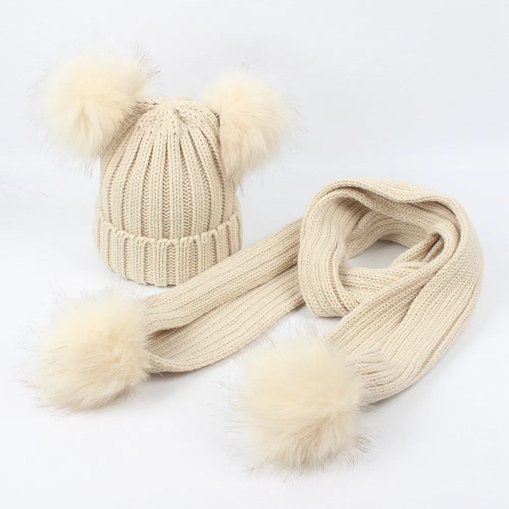 Fashion-8styles Baby Winter Beanse Scarf Set Pom Pom Dzianiny Kapelusze Szaliki Dziewczyny Solidne Futro Scwraps Double Ball Wool Cap Neckerchief FFA3159