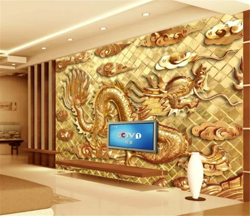 Custom Wallpaper 3d High-grade Wood Carving Auspicious Takeoff Jinlong Indoor TV Background Wall Decoration Mural Wallpaper