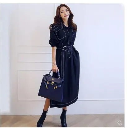 Frühling neue design frauen koreanische mode drehen unten kragen graben stil halbe hülse schärpen schlanke taille midi lange kleid lässige vestidos