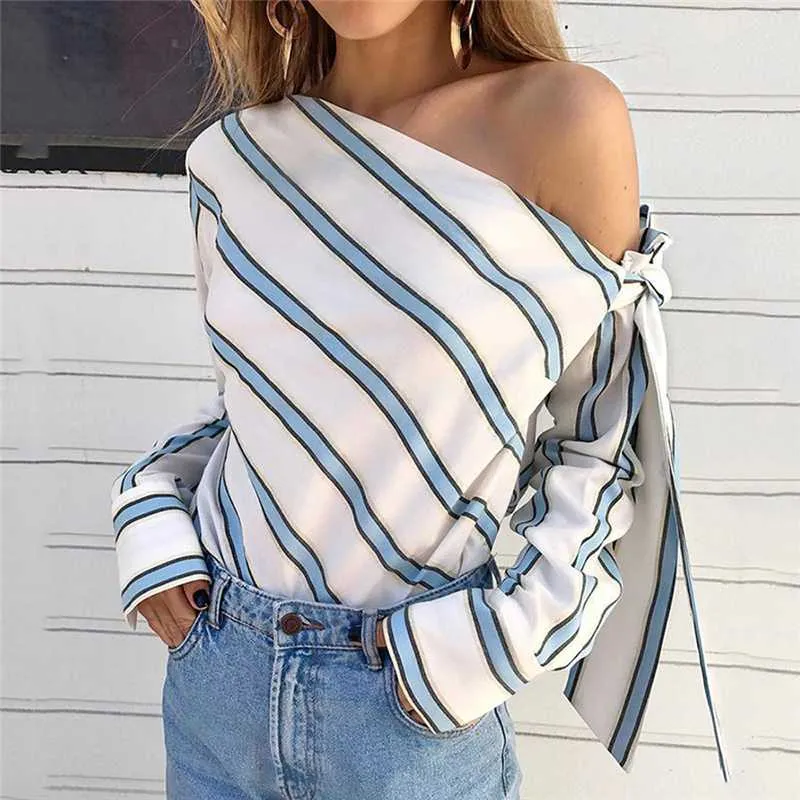 Summer Women New Striped Loose Blue Fashion Lady Off Shoulder Lace Up Shirts Female Elegant Tops Bluses Long Sleeve Chic