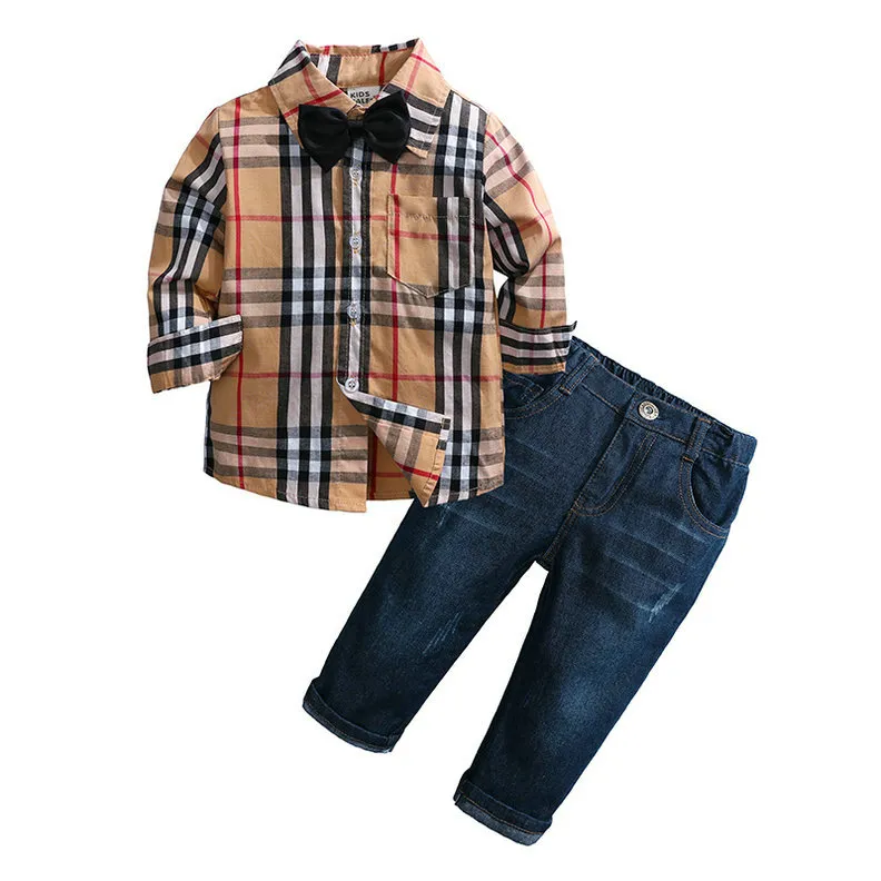 شهم نمط الطفل الوليد بنين مجموعة ملابس بأكمام طويلة منقوش القميص القطن + الحمالة بانت اطفال البدلة مجموعات 2PCS