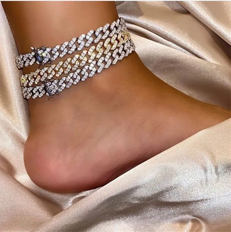 Nya Mode Kvinnor Anklets 9mm Bredd 9 / 10ink guldpläterad 3a CZ Kubanska Annklets Armbandskedjor för tjejer Kvinnor Hot Gift