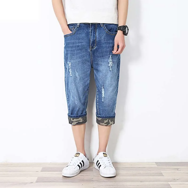 Men 3/4 Length Cropped Pants Shorts Denim Capri Ripped Distressed