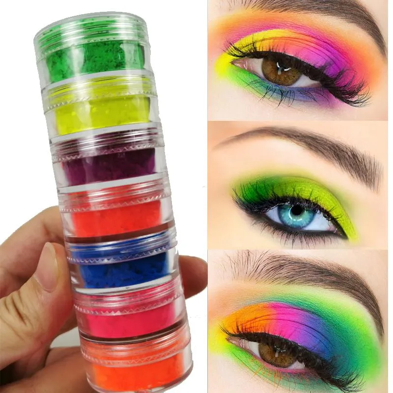 Hot Neon Eyeshadow Hög Pigment Loose Powder 7Colors Gul Grön Blå Ögon Skuggdamm Långvarig Ögon MkeUp 7PCS / Set