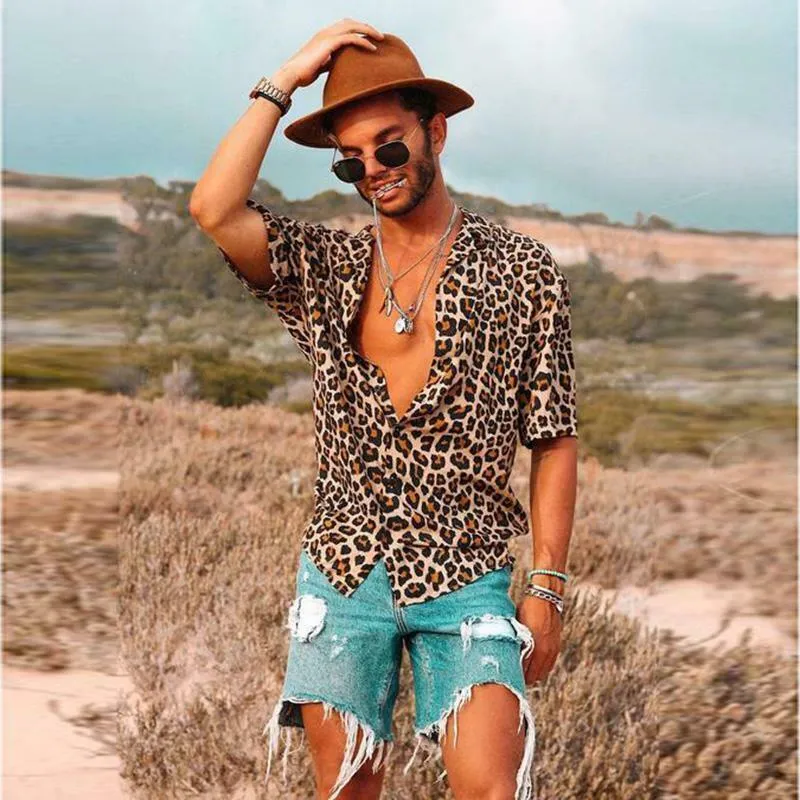 2019 New Men Vintage Leopard Print Shirts Summer Casual Short Sleeve loose Shirts Man Male Fashion Shirt Tops Plus Size S-3XL