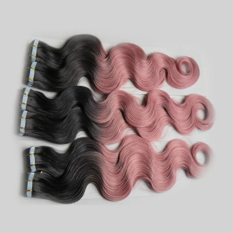 Ombre Virgin Body Wave Włosy Dwa Tone Dziewiczy Brazylijska Taśma w Ludzkich Przedłużanie Włosów 3 Pack / Lot Body Wave Taśma w przedłużaniu włosów PU Skin Wątek