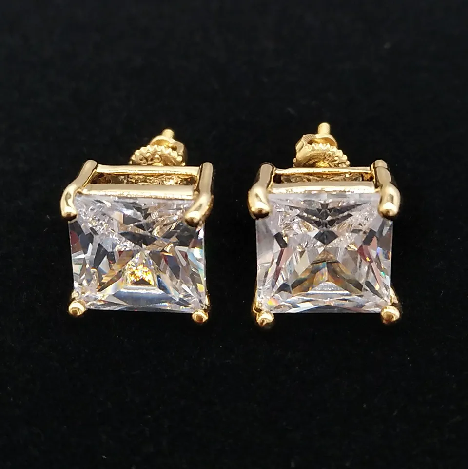 Fashion 18k Gold Hiphop Iced Out Cz Cubic Zircon Square Stud Earrings 0.4 0.7 0.9 Cm Gifts for Men Full Diamond Earring Studs Rapper Jewelry