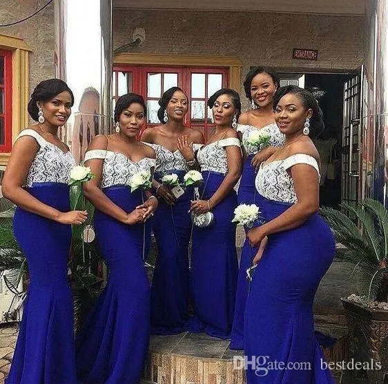 Nigerian South African Koronki Top Royal Blue Mermaid Druhna Dresses Plus Size Prome Size Prom Sukienka Wedding Goście Gowns Maid of Honor Dress