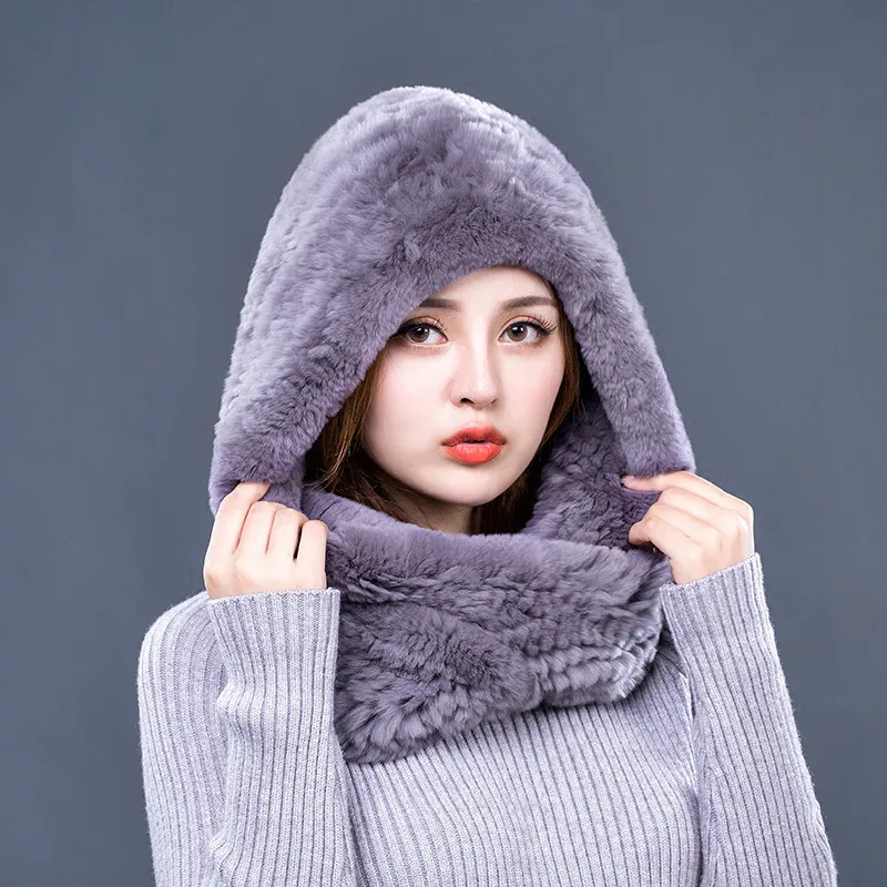 Hat Women 2017 New Knitted Real Rex Rabbit Fur Hat Hooded Scarf Winter Warm Natural Fur Hat With Neck Scarves (16)