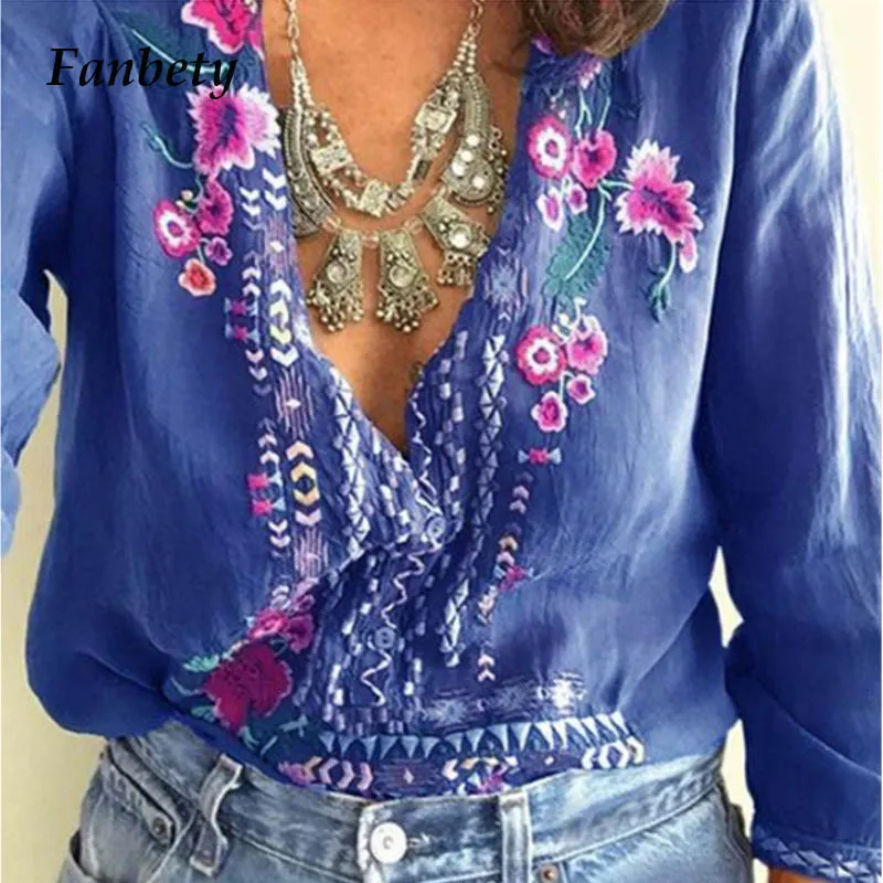 Fanbety mujeres bordado bohemio blusa camisa elegante sexy con cuello en v estilo étnico blusas verano casual tres cuartos boho blusas LY191116