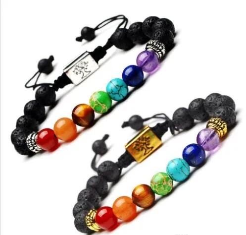 Yoga Handgemaakte 7 Chakra Tree of Life Charm Armbanden Lava Stones Multicolor Kralen Touw Armband Dames Mannen Armbanden Armbanden GD38