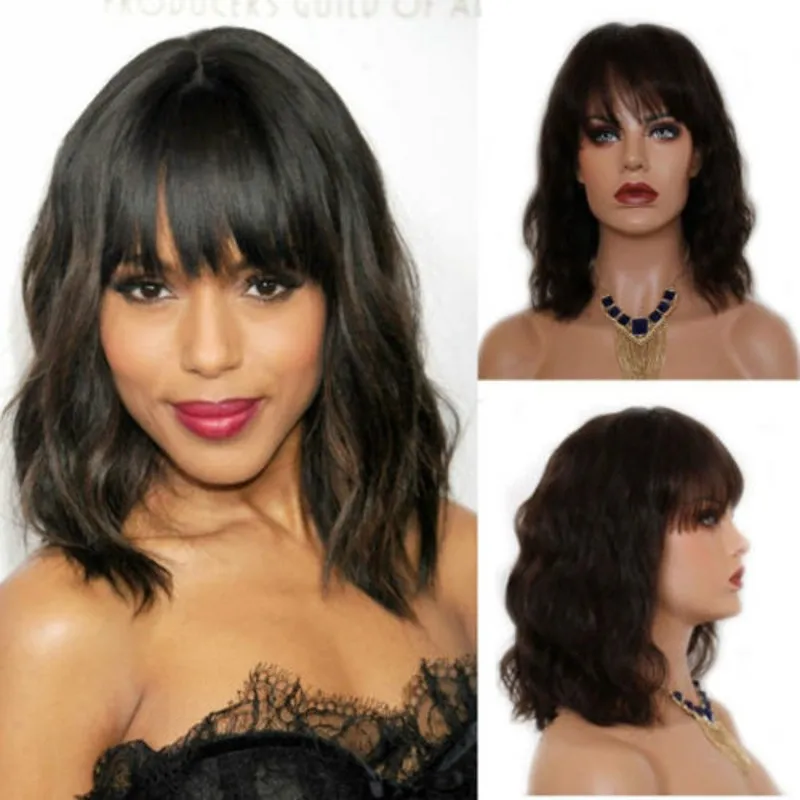 14inch Short wavy Bob Wig With Bangs Heat Resistant Synthetic water wave Natural African American Womens Wigs