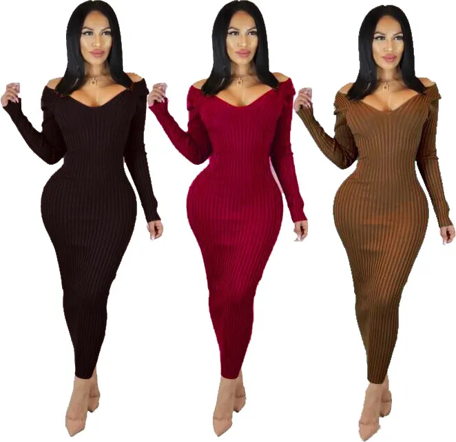 3 cores 2019 New Black Wine Red Brown Mulheres Tricô V Pescoço Manga Longa tornozelo-Comprimento Backless Bandage Vestido Moda Vestidos