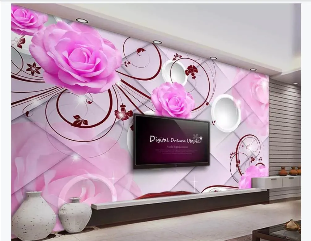 Papel tapiz mural mural personalizado foto papel fotográfico rosa rosa círculo tridimensional bolsa suave elegante moda sala de estar TV fondo de pared 3D