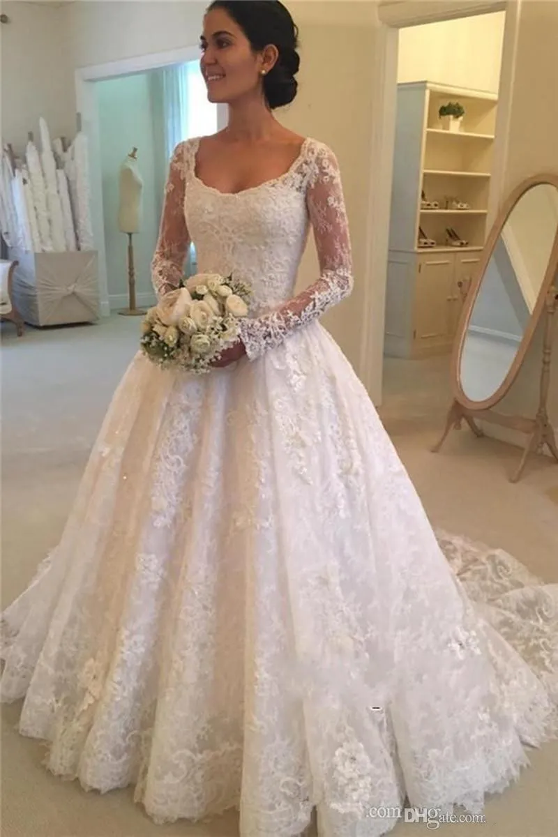 2020 Elegant Champagne Lace Appliqued square neckline wedding dress with 3/4 Sleeves, A-Line Cut, Dropped Waist, and Scoop Detail - Perfect Bridal