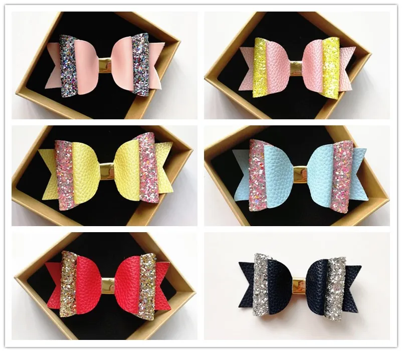 패션 12pcs 사랑스러운 여자 Pu-Leather Glitter Patchwork Big Bowknots 10.5cm 헤어 핀 귀여운 아이 핑크 옐로우 헤어 액세서리 도매