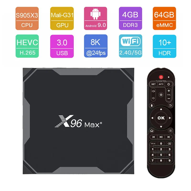 'Max+ x96 Android 9.0 TV Box 4GB/64GB Smart 4K Media Player, Amlogic S905X3, 2,4G5G WiFi, BT4.0, H.265, para streaming de alto desempenho'