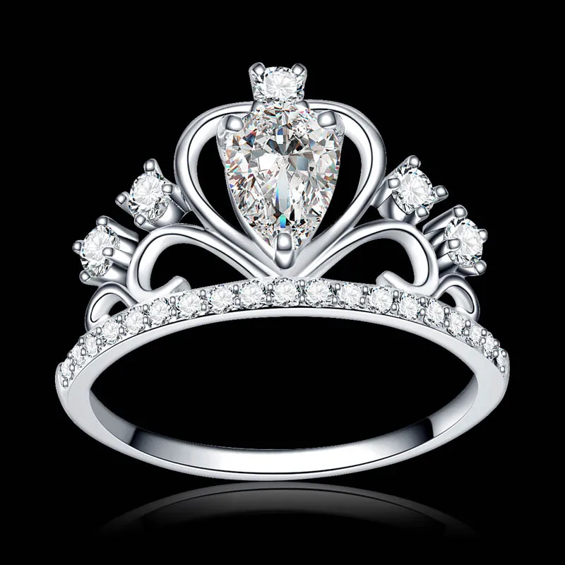 clear top quality zircon princess stone queen crown color silver engagement ring cocktail alliance girls