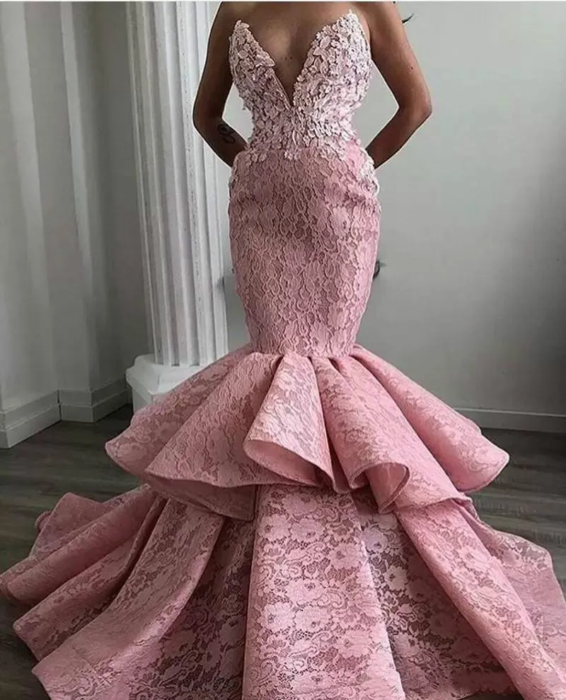 Seksowna Sweetheart Koronka Arabska Mermaid 2019 Różowy Suknie Wieczorowe Korowód Tiers Długie Obwód Suknie Vestido de Noche Wear Dla kobiet