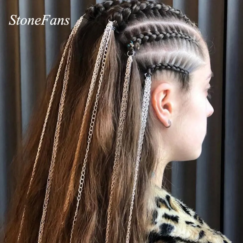 Stoneefans mode metall långa hår kedjor tillbehör för kvinnor 00s flickor hip-hop flätat huvudbonader guld hår kedja smycken stil