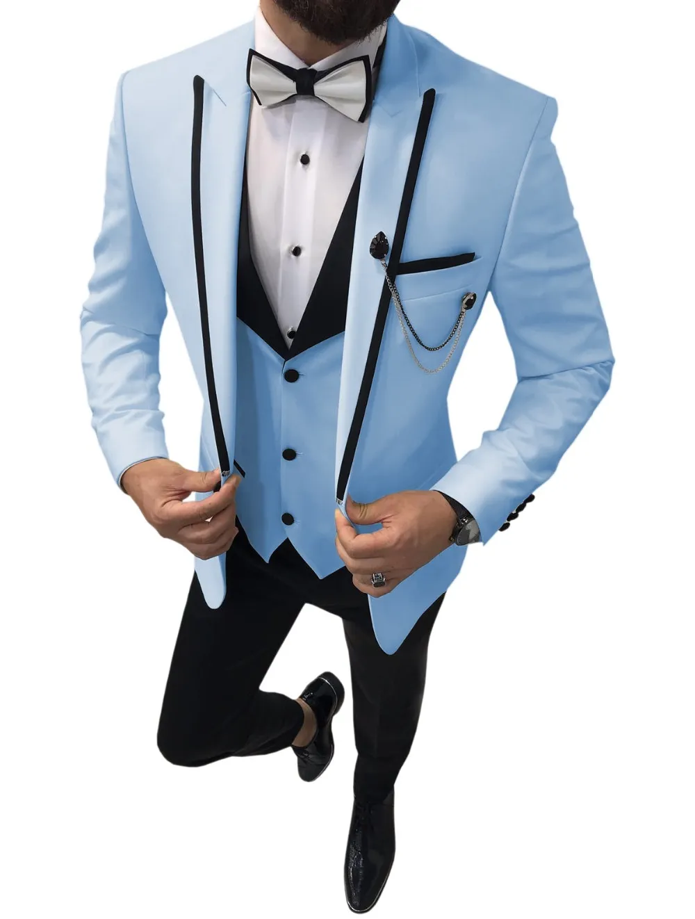 Slim fit lichtblauw bruidegom smoking piek revers groomsman bruiloft 3 stuk pak mode mannen business prom jas blazer (jas + broek + tie + vest) 28