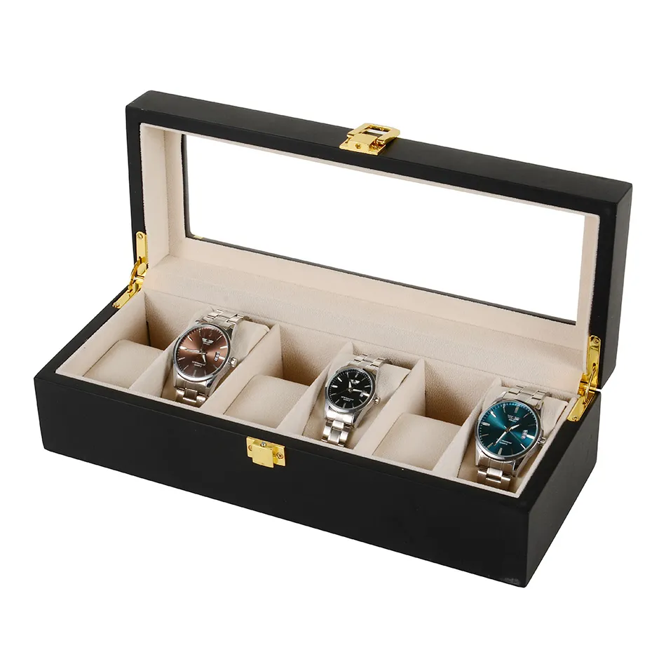 Caja para reloj de madera negra con 6 cuadros, almacenamiento para exhibición de joyas, caja para reloj