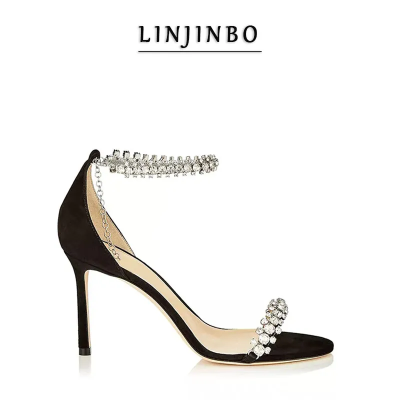 Sandálias Luxo Rhinestones Ankle Strap Mulheres Aberto Salto Alto Salto Alto 2021 Verão Sexy Party Wedding Zapatillas Mujer