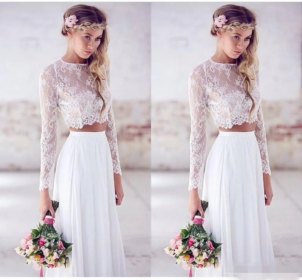 2019 Boho Dwa Piece Suknie Ślubne Linia Długie Rękawy Klejnot Neck Lace Illusion Szyfonowa Plaża Ślubna Suknia Bridal Vestido de Novia