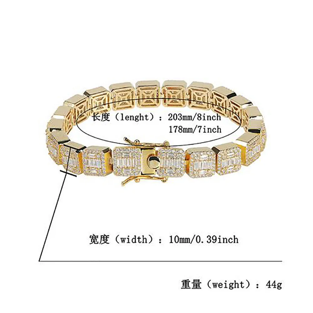 Mens 14K Gold Iced Baguette Diamonds Bracelet 10mm Bling Bling Bracelets with Locked Clasp Cubic Zircon Bracelets Hip Hop 44g254b