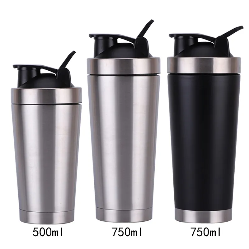 Golgner Shaker proteico in acciaio inossidabile, shaker proteico sport fitness, shaker proteico fitness da 600 ml, con tazza da 200 ml, per frullato proteico, dietetico e fitness (nero