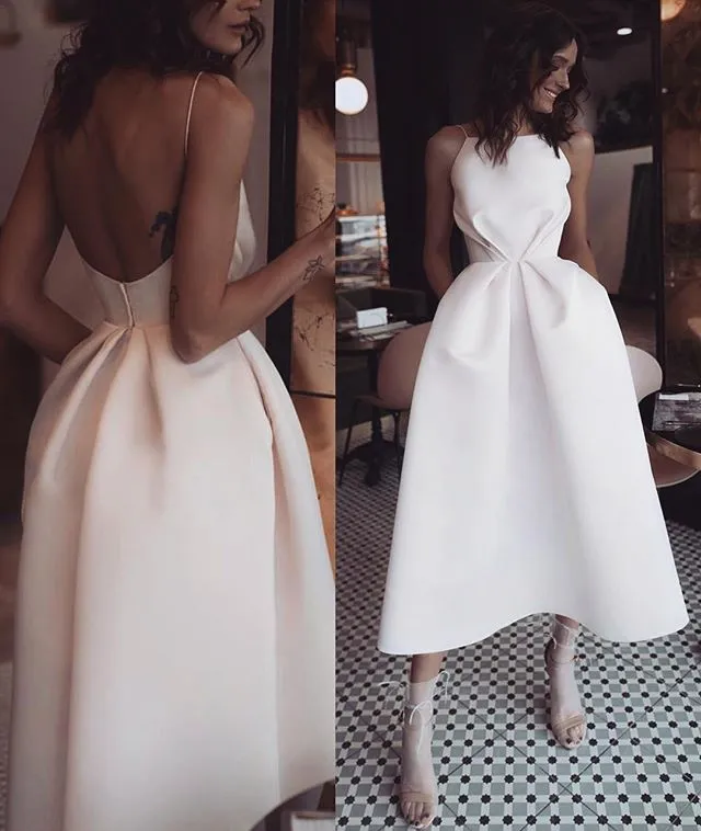 Petites robes de soirée courtes en Satin blanc, simples, froncées, dos nu, longueur thé, robes de bal formelles, robes de soirée avec poche