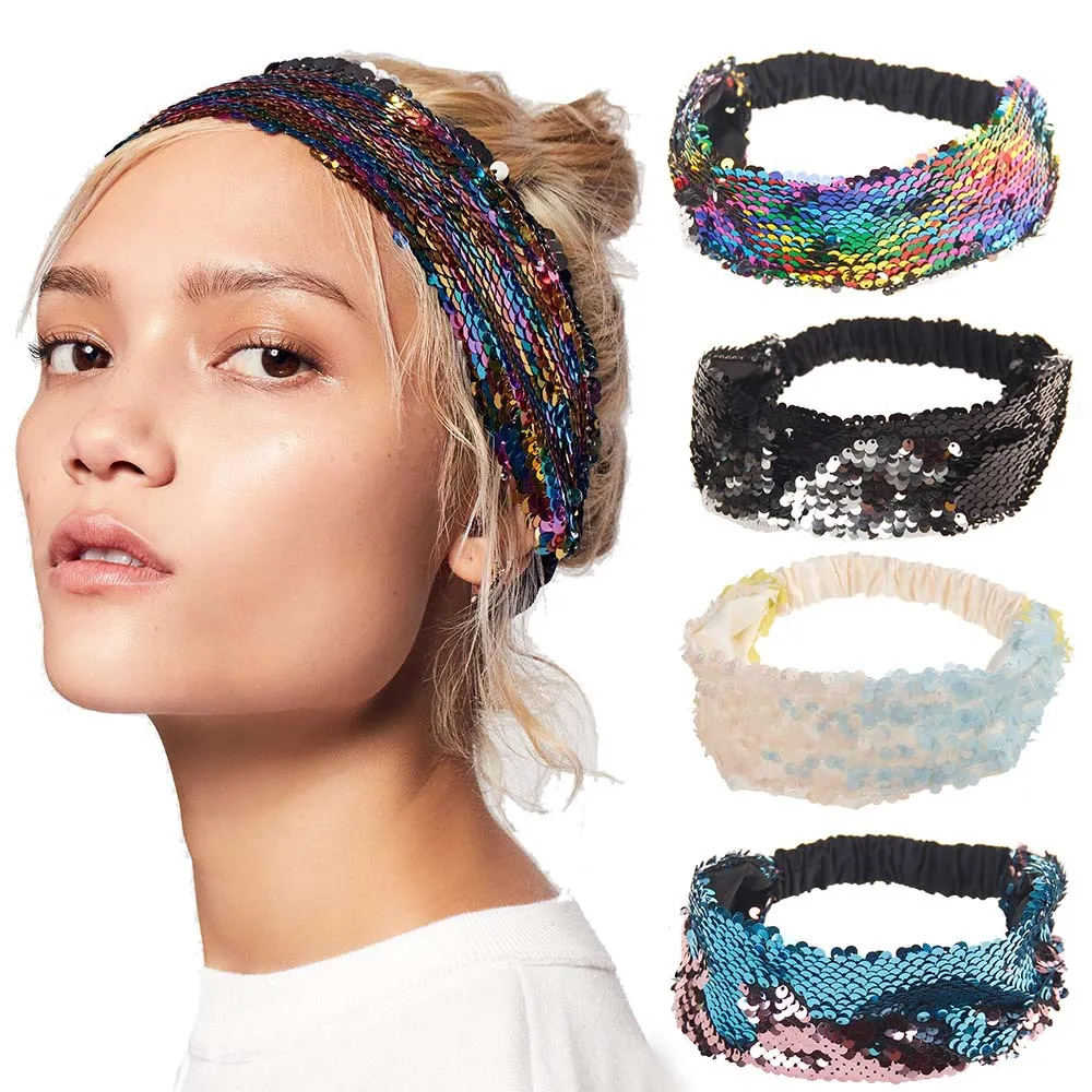 Reversible Sequin Headbands For Women Handmade Rainbow Turban Girls Elastic Wide Hair Bands Mermaid Hair Accessories 10 Styles DBC VT0801