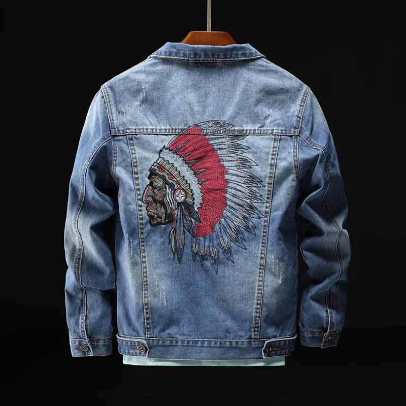 Men's Jackets vintage denim jacket embroidered indian slim cowboy jacket light blue dark blue long sleeve jeans coat large size mxxxl x0913 x0913
