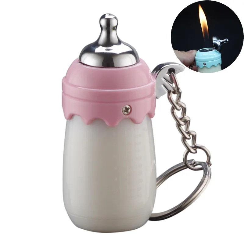 Cute Milk Bottle Shaped Lighter Lovely Portable Keychain Lighters Refillable Butane Gas for Cigarette