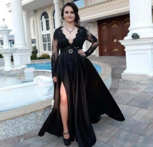 Classic Black European Designer V Neck Women Long Evening Dresses with Long Sleeves Indian Style Evening banquet Dress