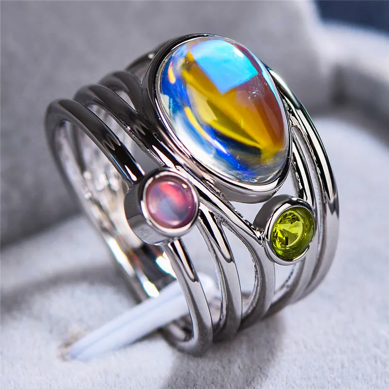 Boho Female Ladies Big Moonstone Ring Argento Rosa Color oro Fedi nuziali Gioielli Promessa Amore Anelli di fidanzamento per le donne