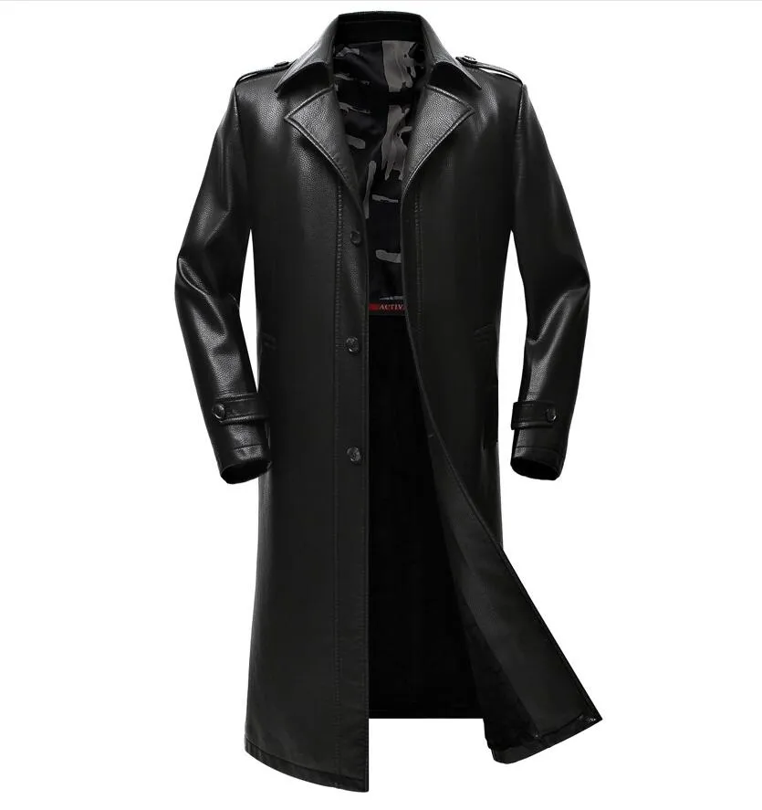 Mens Vintage Style Long Leather Trench Coat - Classic Warm