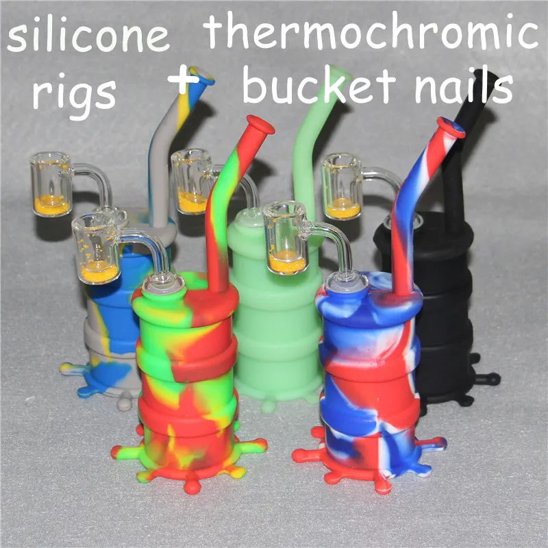 Colorful Hookahs Silicone Rigs with glass downstem silicon oil dab rig 14mm joint Thermochromic Bucket Banger quartz nails