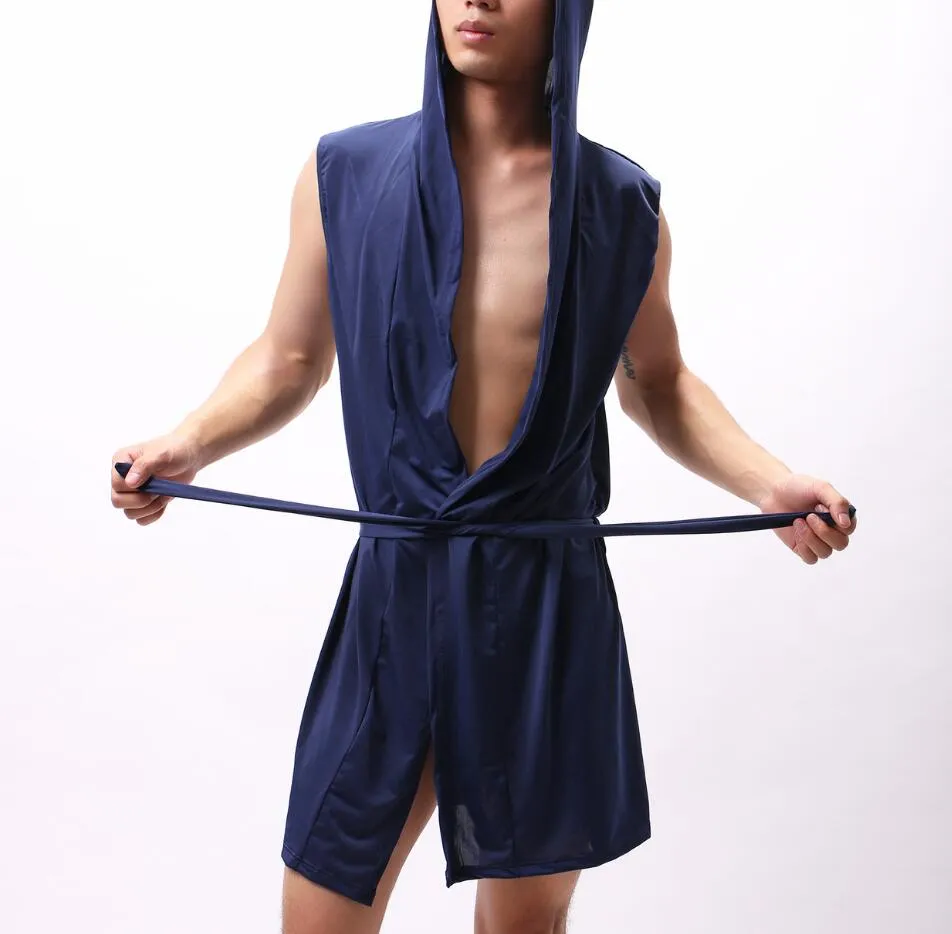 Blue Ice Silk bathrobes for men Gay Loungewear nightgown robe sets sexy kimono bath robes mens sexy pajamas sleepwear