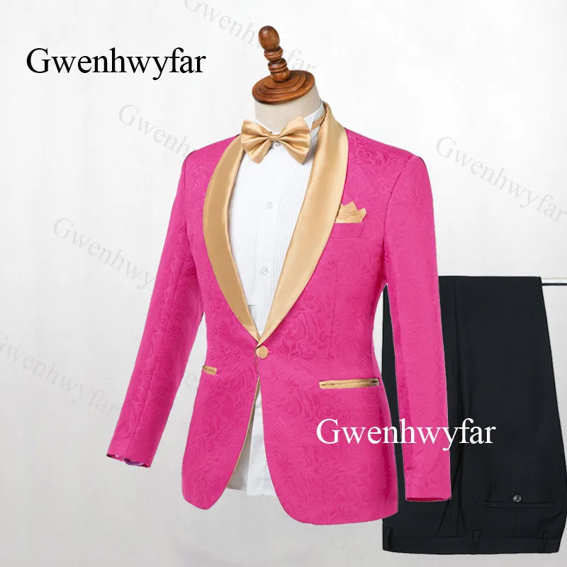 Gwenhwyfar Smoking con risvolto oro Rosso Jacquard Blazer Completo da uomo per matrimonio Prom Abiti formali da uomo 2 pezzi 2019 Giacca pantaloni254u