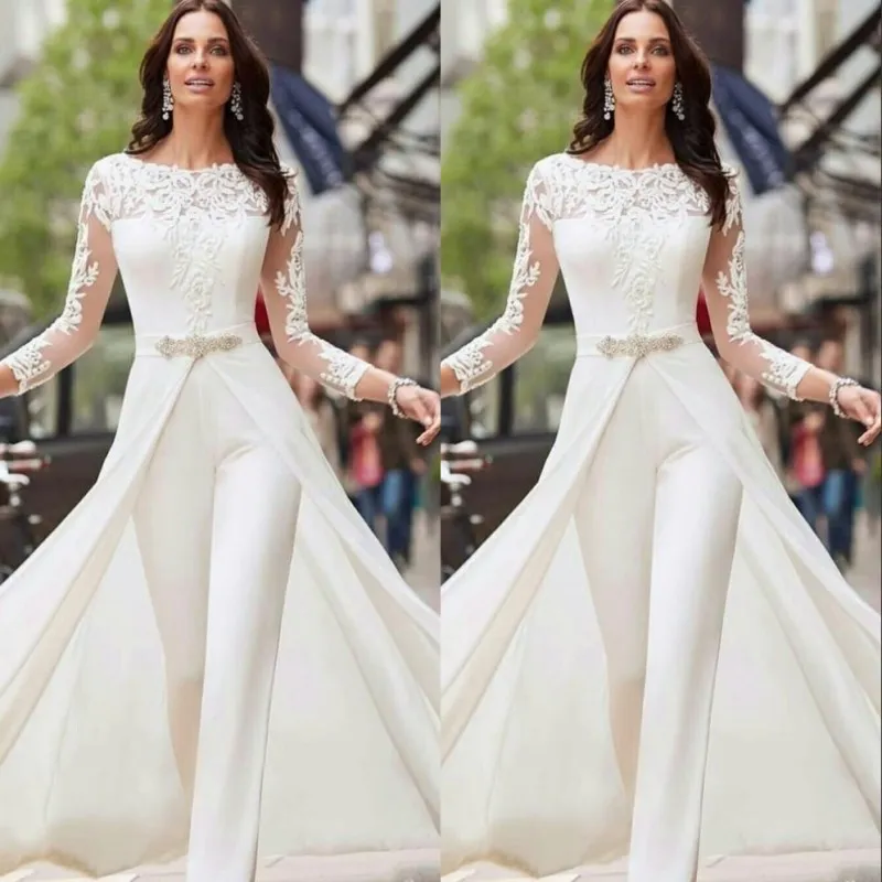 White Jumpsuits Pants Long Sleeve Wedding Dresses Lace Satin With Overskirts Beads Crystals Plus Size Bridal Gowns Vestidos De Novia