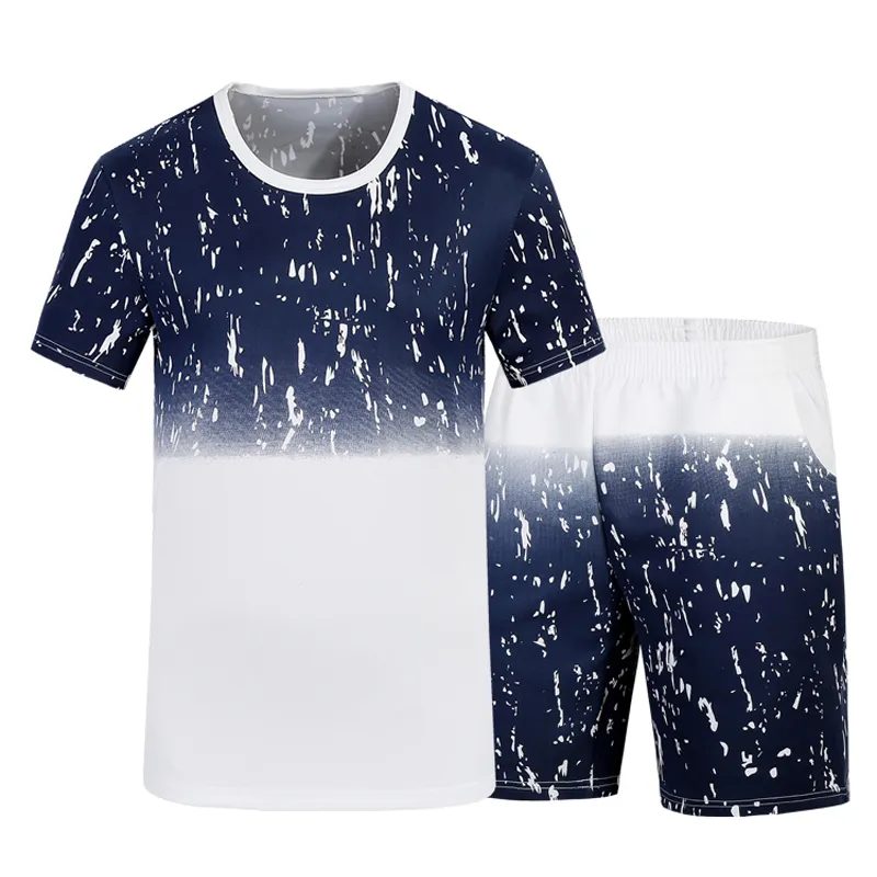 メンズサマースカイプリントグラデーションTシャツ半袖ファッションメンズショートセットカジュアルオススリムフィットラウンドネックトップティー