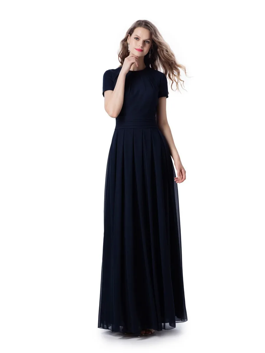 Marinho azul chiffon longo modesto vestidos de dama de honra com mangas curtas A linha de comprimento cheio de manga modesto vestidos de dama de honra feito sob encomenda