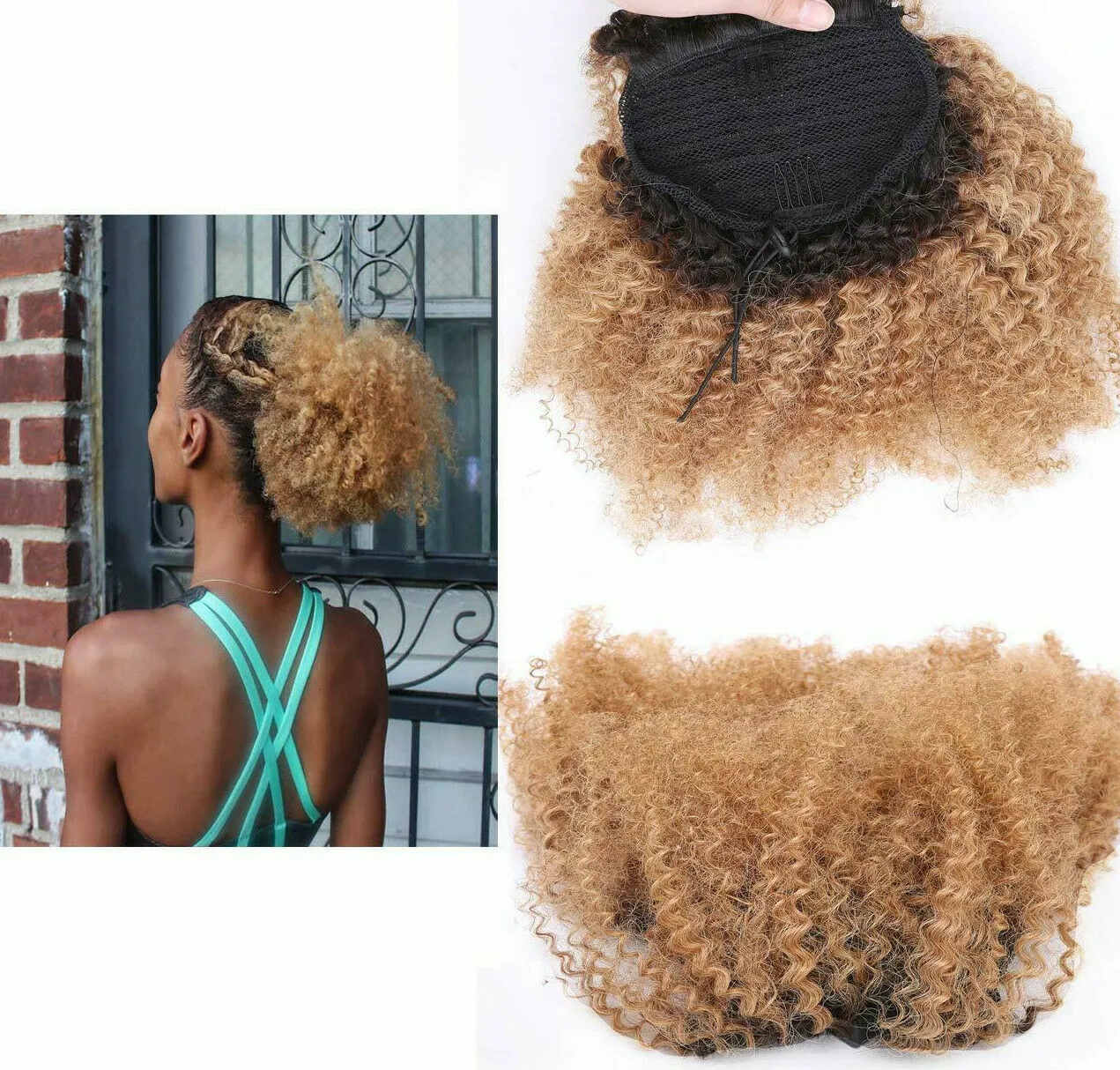 Menselijke Paardenstaart voor Zwarte Vrouwen Poney Extension Bun Updo Trekkoord Krullend Afro Bladerdeeg Haar Stuk Honing Blonde 27 # Kleur