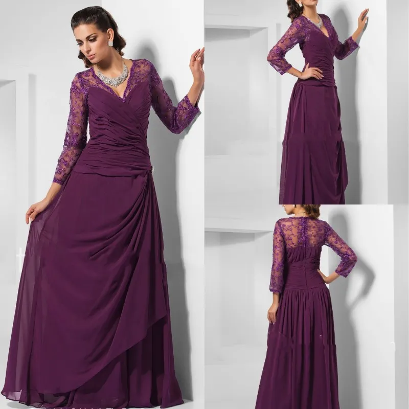 2020 violet mère des robes de mariée col en V à manches longues froncé appliques en mousseline de soie robe de bal étage longueur mère robes