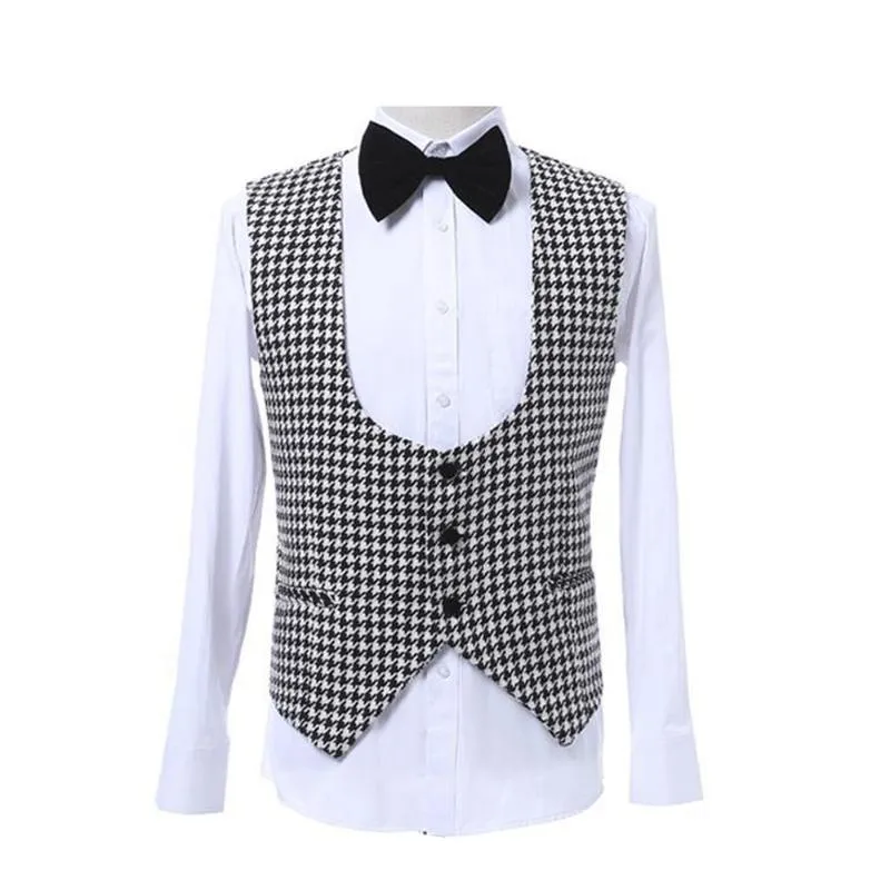 Индивидуальные Houndstooth Viest костюм мужчины шерсть для свадьбы Slim Fit Prom Groom Tuxedo Wastcoat U шеи платье жилет / Gilet